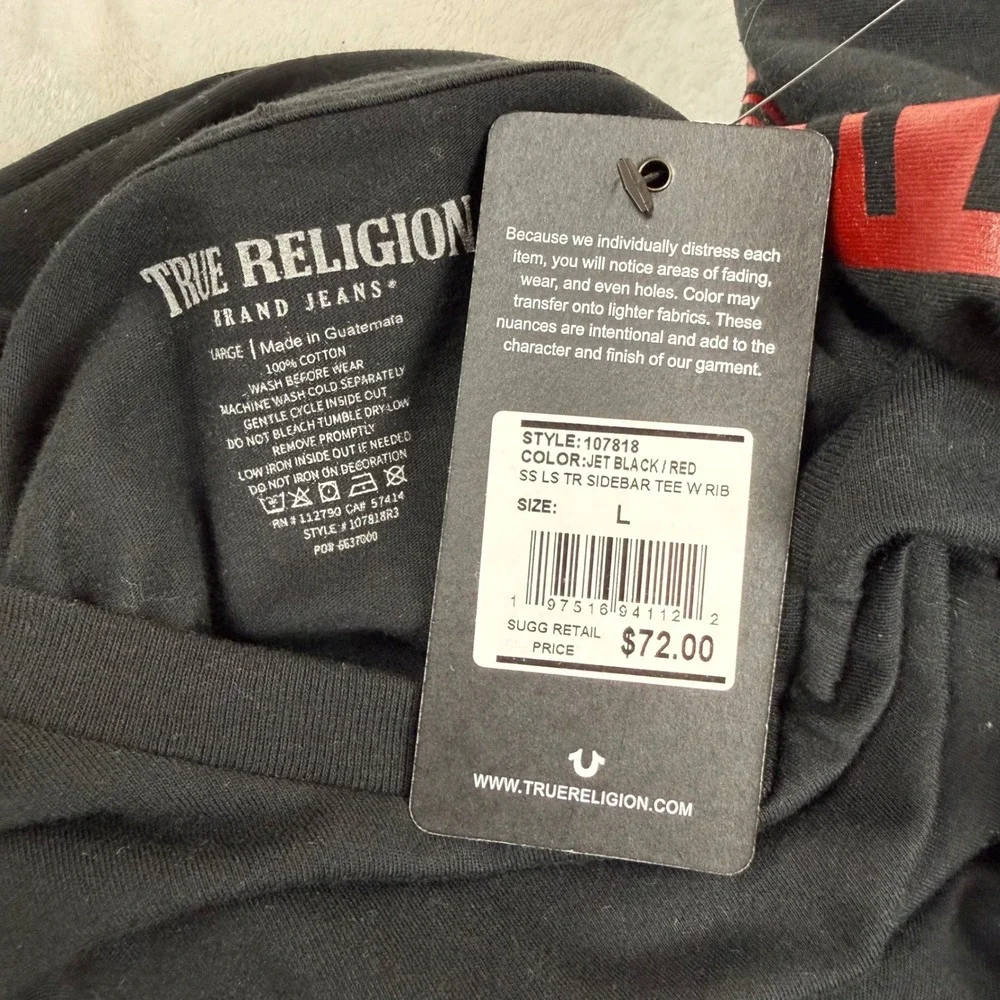 New True Religion Mens Long Sleeve Sidebar Tee Black Red Buddha 107818 Large
